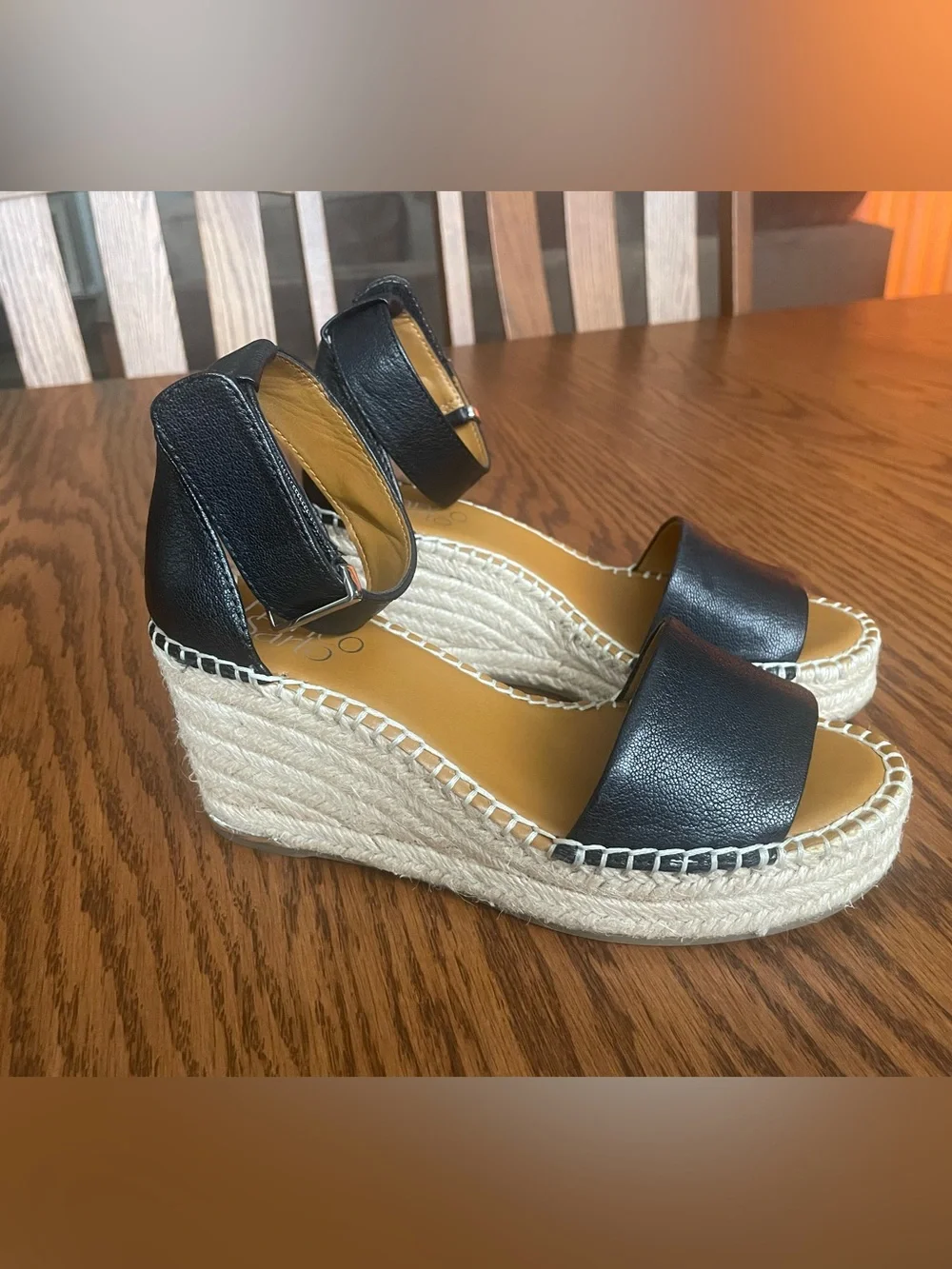 Franco Sarto Black Leather Espadrille Wedge Sandals Size 5